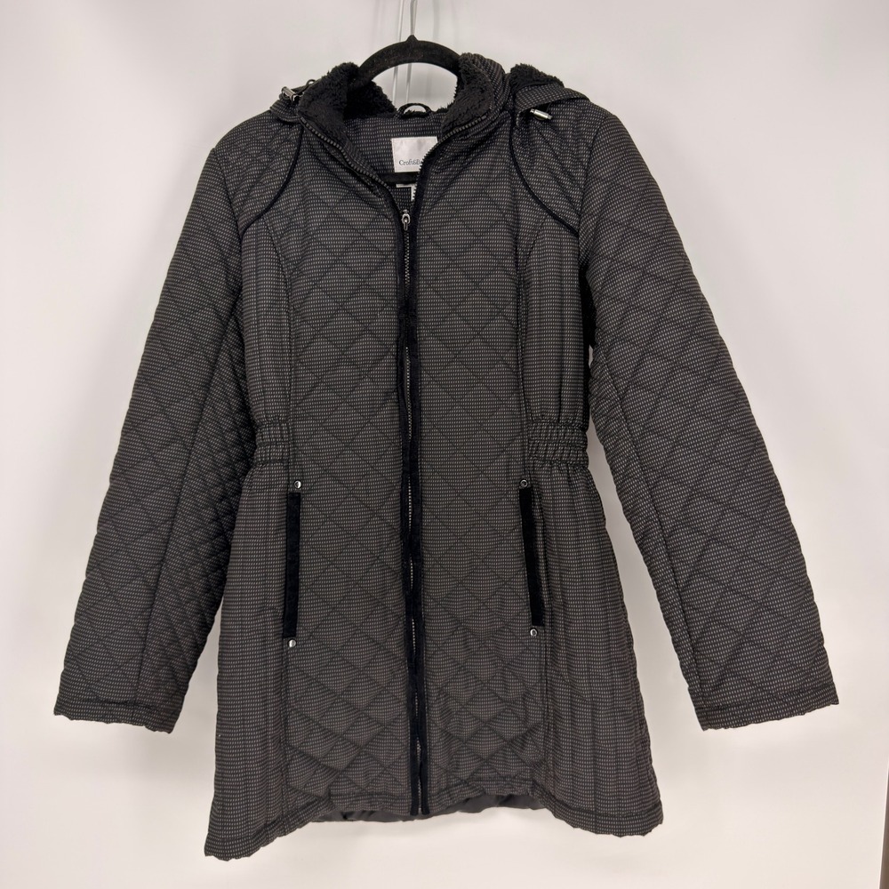 Croft & Barrow Quilted Parka Women Small Black Gray Hooded Jacket Winter Classic